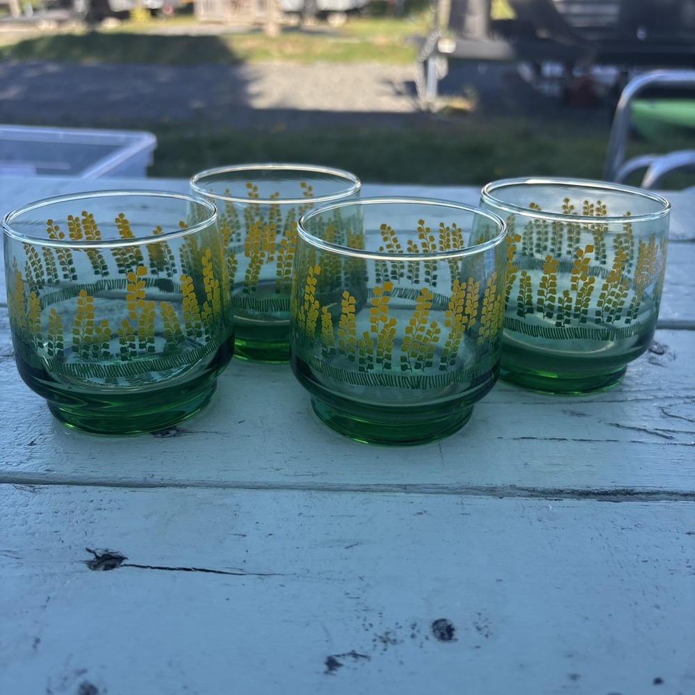 Dominion Green Yellow Foxglove Set 4 Juice Rock Wheat Glass 8oz Vtg 1960s Bar